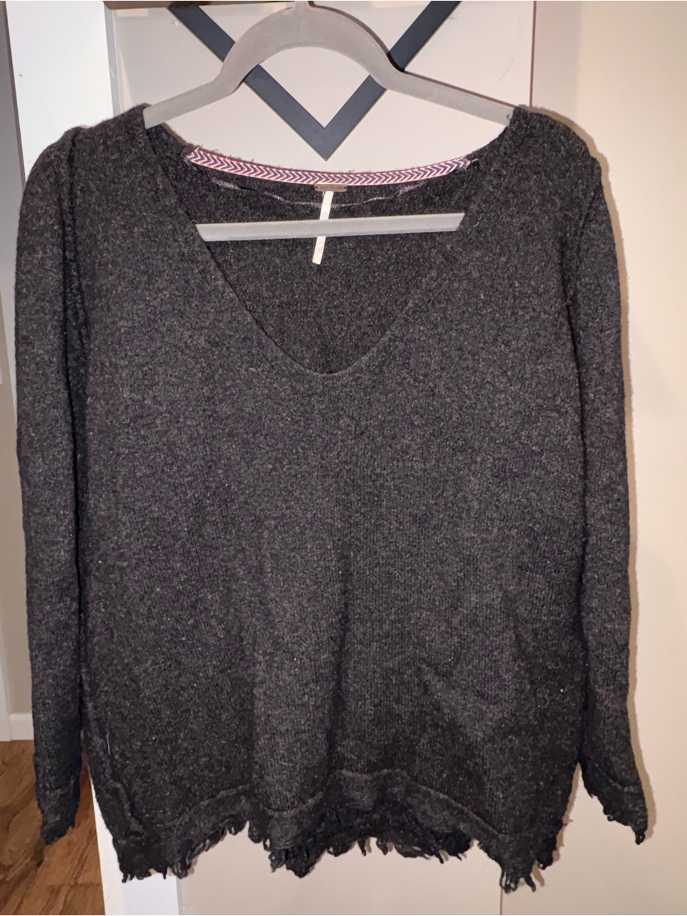 Free People Charcoal Knit Pullover with Chevron Trim